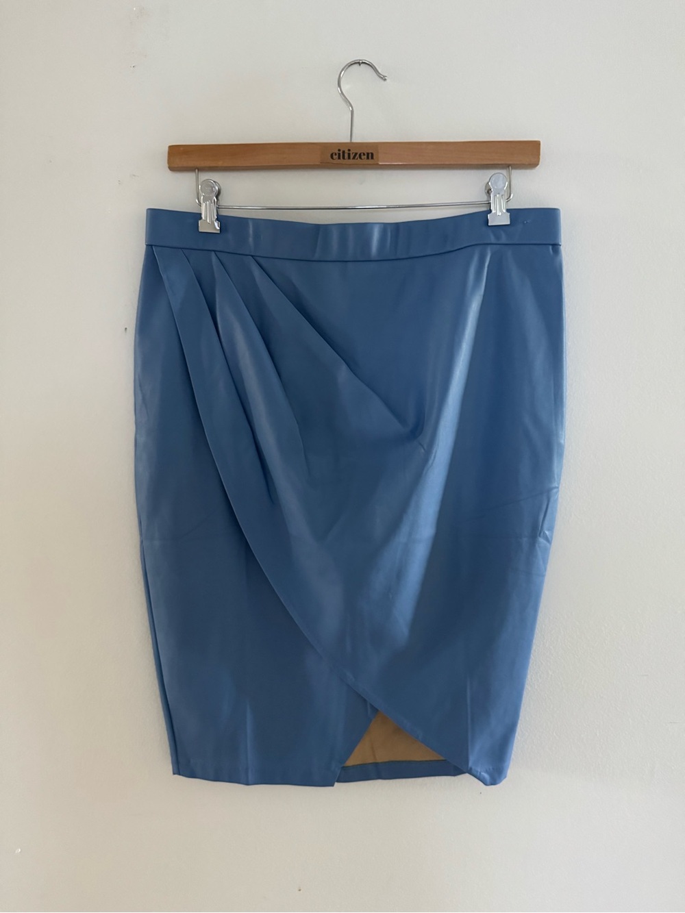 Blue Vegan Leather Knee Length Faux Wrap Skirt- 14